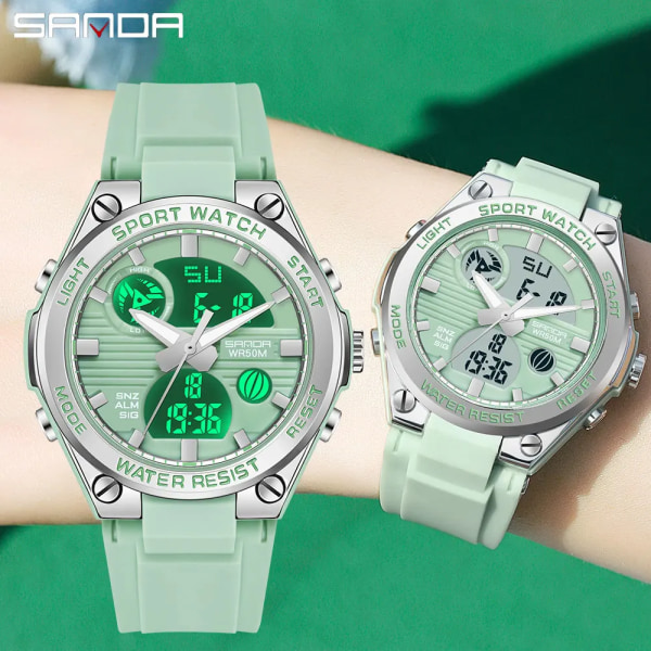 SANDA Luxury Ms LED Digital Watch Mode Casual Watch Kvinnor Flicka Militär Vattentäta Armbandsur Montre Dames 6067 Black Green