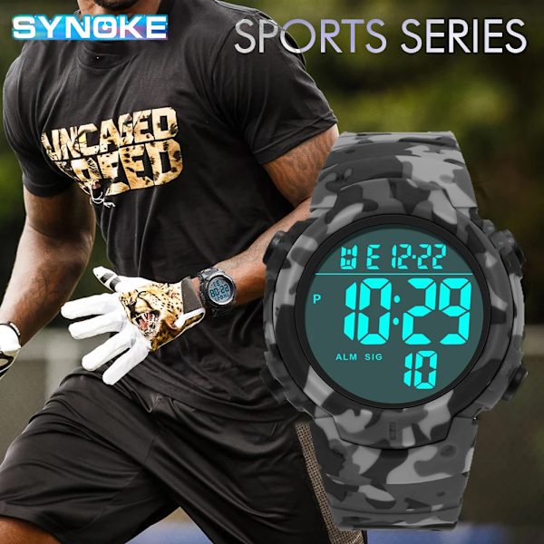 SYNOKE Big Numbers Watch Herr 50M Vattentät Manklocka Alarm Stoppur Multifunktion Digitala klockor Relogio Masculino Upgrade - Grey