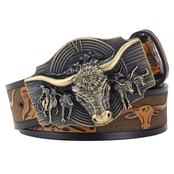 Komönster bälte äkta läder Fritid Cowboy Big Agio Cow Bronze Camel 130cm