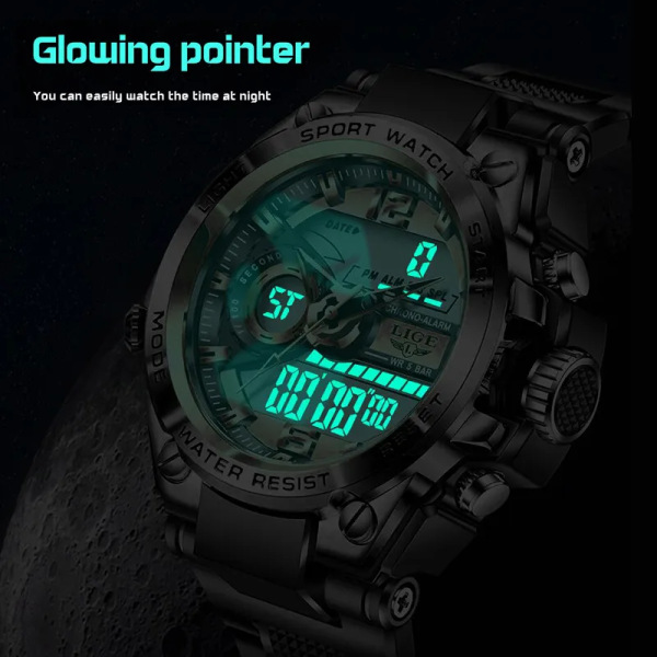 LIGE Watch för män Toppmärke 50 m vattentät armbandsur LED-väckare Watch Casual för män Man Relogios Masculino Silver black