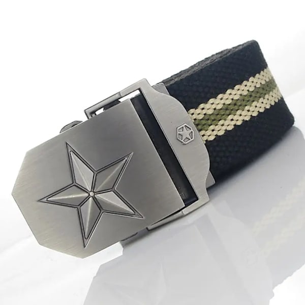 BOKADIAO Herr & Kvinnor Militär Canvas bälte lyxigt 3D-stjärna Metallspänne jeansbälte Army taktiska bälten för män midjeband hane Black stripe 100cm