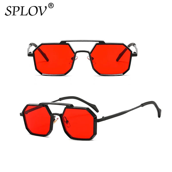 Retro fyrkantiga solglasögon Kvinnor Män Punk Polygon Mode Glasögon Metall Klara spegelskärmar Svart Röd Gul Glasögon Trendig UV400 Black Red As the picture