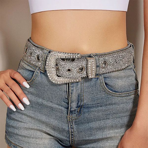 Goth Strassbälten Dam PU-läderrem Shinning för strassbälten Western Cowboy Y2K Flickor Modebälte för jeans Män sliver 105CM