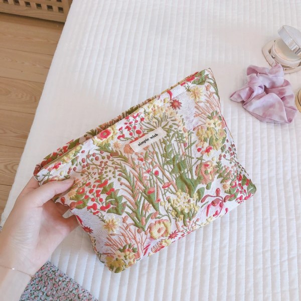 Canvastyg Damkosmetikväska Dam Clutch Nytt blommiga sminkväskor Rese sanitetsbinda Organizer Förvaringspåse H