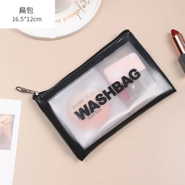 Transparent kosmetikväska PVC Kvinnor Dragkedja Genomskinliga sminkväskor Case Resesmink Organizer Förvaring Badkar Toalettväska Tvättväska Flat Black