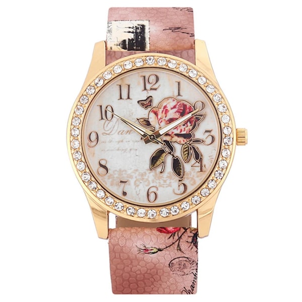 HET FÖRSÄLJNING!!! Kvinnor Rhinestone Inlagd Blomma Rund Urtavla Faux Läder Band Kvarts Watch Mode Kvarts Watch Kvinnor F