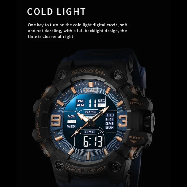 Watch Sport Vattentät LED-ljus Väckarklocka Dubbeltid Display Vecka Auto Date Armbandsur 8049 Quartz Klockor Sporttid RED