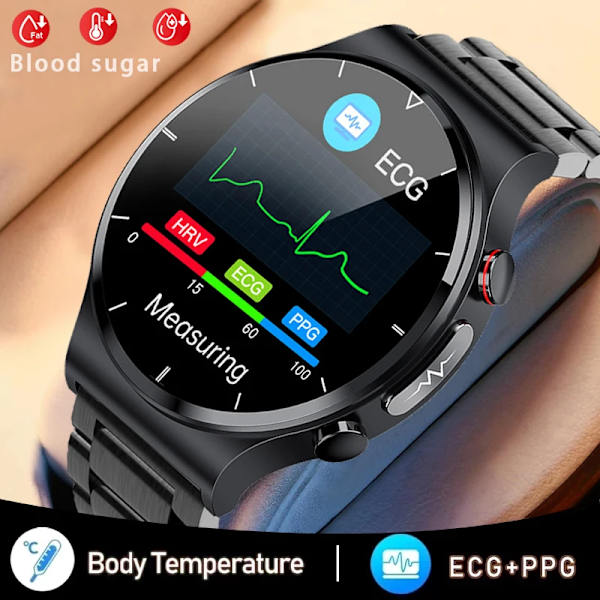 Smärtfri Icke-invasiv Blodsocker Watch Män EKG PPG Laserbehandling Hälsa Blodtryck Sport Smartklocka GlucometerWatch mesh belt
