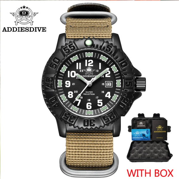 ADDIES Topp Militär Nylon Sportklockor Herr Lyx Vattentät Lysande Quartz Watch Man Klocka Relogio Masculino Khaki nylon box