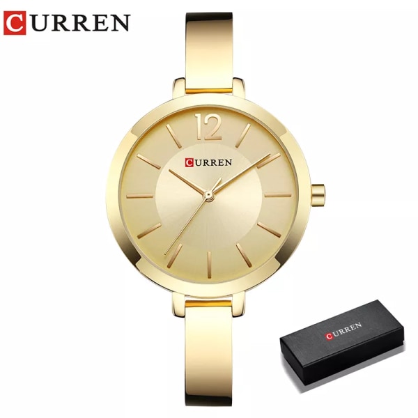 CURREN Mode Guld Damklockor Rostfritt stål Ultratunn watch Kvinna Romantisk klocka Damklockor Montre Femme gold box