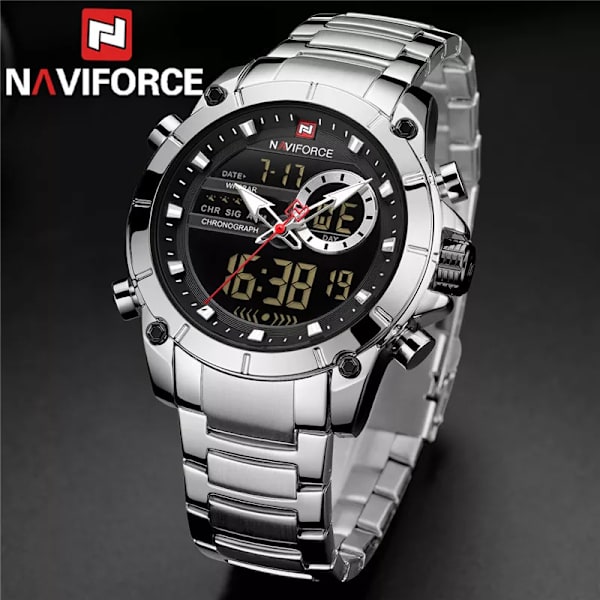 NAVIFORCE Top Brand Lyx Watch Herr Vattentät Quartz Digital Led Man Klocka Militär Sport Rostfritt stål Man Armbandsur 9163 NA919503 without box