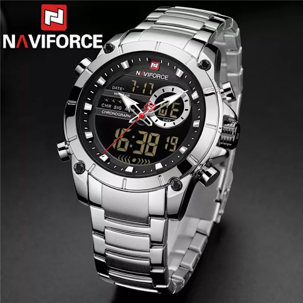 NAVIFORCE Top Brand Lyx Watch Herr Vattentät Quartz Digital Led Man Klocka Militär Sport Rostfritt stål Man Armbandsur 9163 NA919504 without box