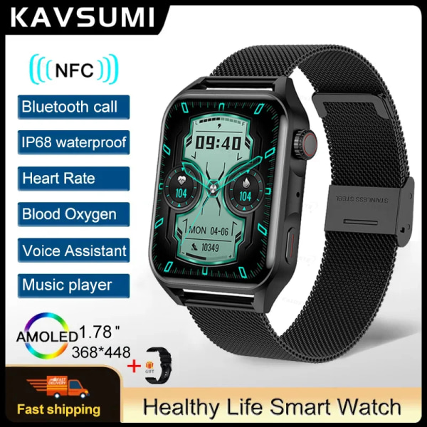 Ny NFC Smart Watch Herr AMOLED HD-skärm Visa alltid tiden Bluetooth Call IP68 Vattentät SmartWatch Dam För Huawei Mesh Belt Silver