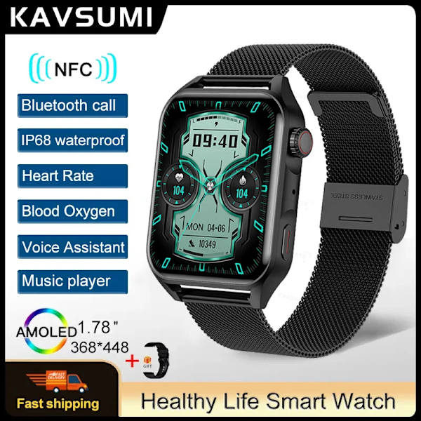 Ny NFC Smart Watch Herr AMOLED HD-skärm Visa alltid tiden Bluetooth Call IP68 Vattentät SmartWatch Dam För Huawei SilicaGel Black