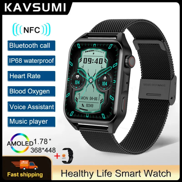 Ny NFC Smart Watch Herr AMOLED HD-skärm Visa alltid tiden Bluetooth Call IP68 Vattentät SmartWatch Dam För Huawei Steel  Silver