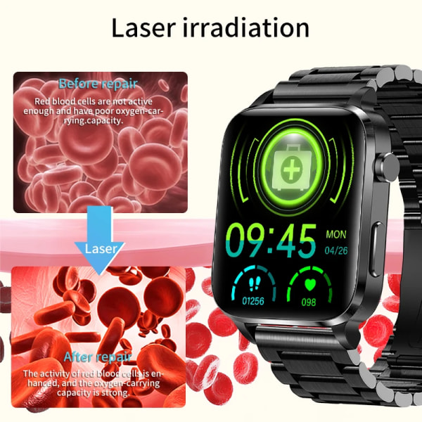 LIGE Termometer Smart Watch Herr Sangao Laser Treat Blodsocker Klocka Vattentät Sport Män Smartwatch Hälsomonitor+present black Blood sugar monitor