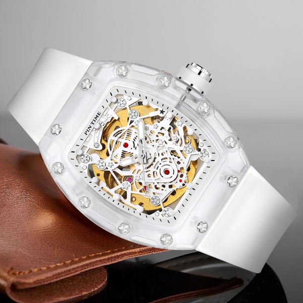 PINTIME Watch Nytt mode Automatisk mekanisk watch Transparent Vit Ihålig Stor urtavla Sport Lysande armbandsur Relo Homb White Gold