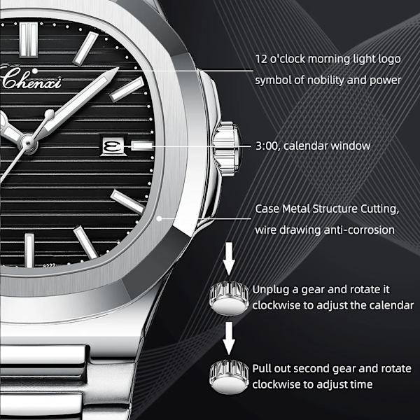 CHENXI 2023 Nya herrklockor Business Clock Top Lyxmärke Quartz Watch Rostfritt stål Vattentät självlysande armbandsur Silver White