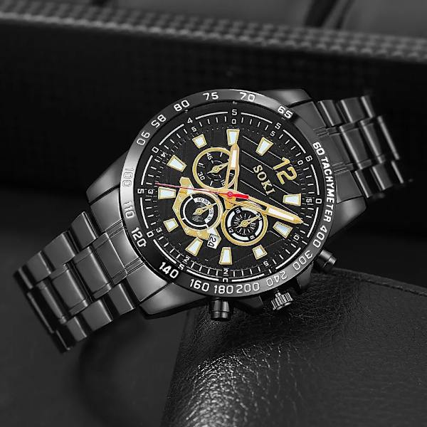 Herrklockor Casual Business Quartz Rostfritt stålband med Auto Date Luminous Watch Set 1st watch och 1st armband Gold