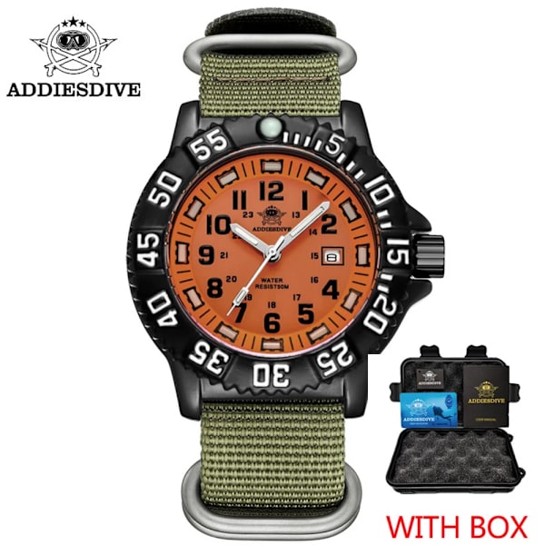 ADDIES Ny Orange Watch Sports Luminous Herrklocka Toppmärke Lyx Helt stål Quartz Klocka Vattentät Date Watch Herr 050-talet Green nylon B box