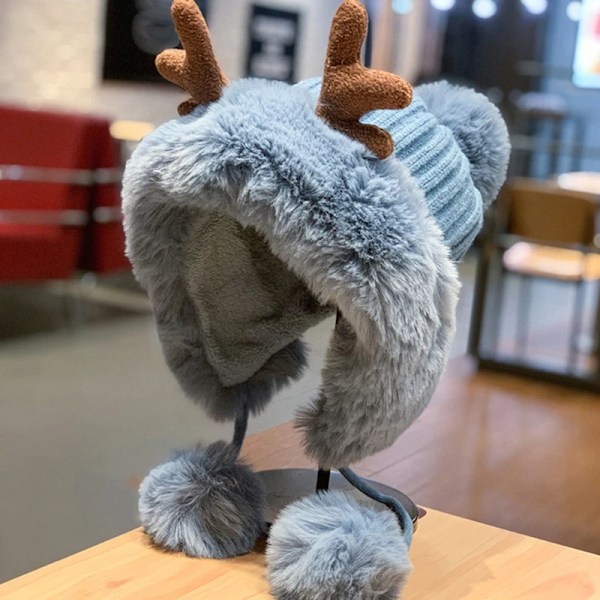 Vintermössa för kvinnor, varm fodrad med pompom, hornöronlappsmössa, söt skalle, utomhus, skridskoåkning, cykling, julklapp White