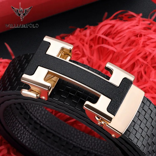 WILLIAMPOLO berömda märkesbälte män högsta kvalitet äkta lyx koläderbälten för män Armband Man Metall Mode Automatiskt spänne Gold 125cm