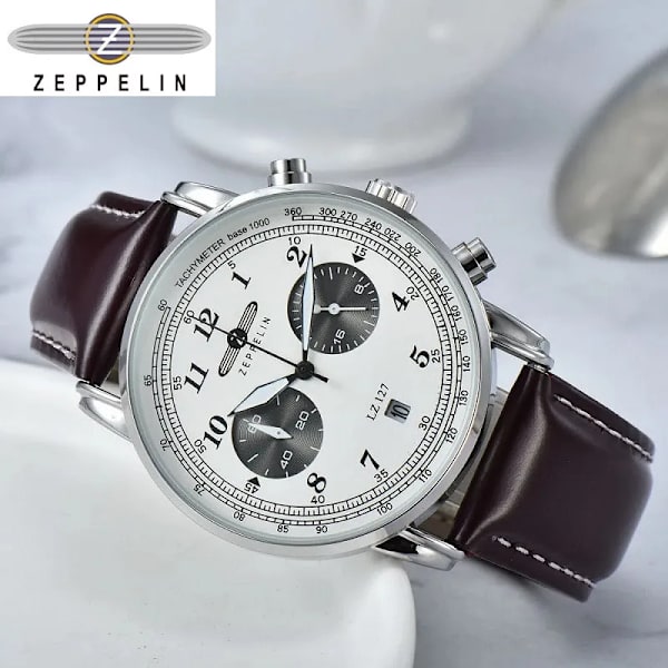 Ny Zeppelin Watch Top Vattentät äkta läder Business Casual Quartz Watch Herr tre ögon multifunktionell kronograf Type 6