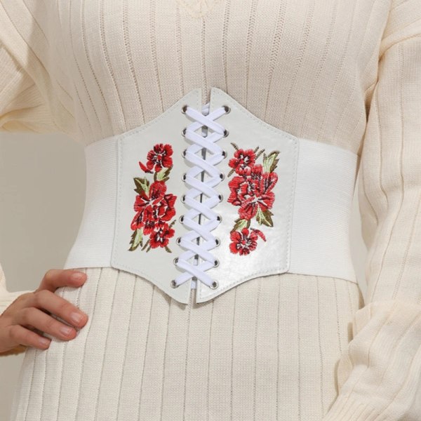 Broderad Svart Dam Bälte Blomma Midjekorsett Vacker Stretch Elastisk Midjeband Bred Korsett PU Läder Midja Smal coffee 69-95cm