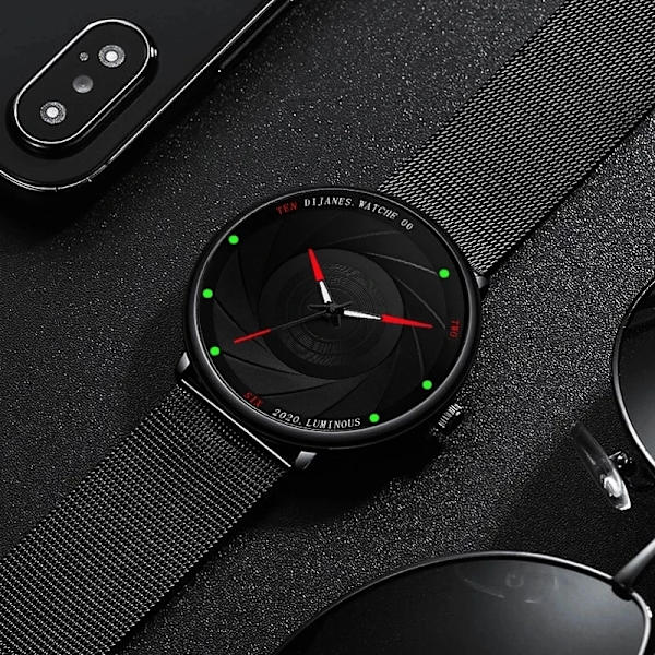 Minimalistiska herrmodeklockor Ultratunt rostfritt stål Mesh -bälte Quartz Watch Herr Casual Läderklocka reloj hombre Mesh Black Red