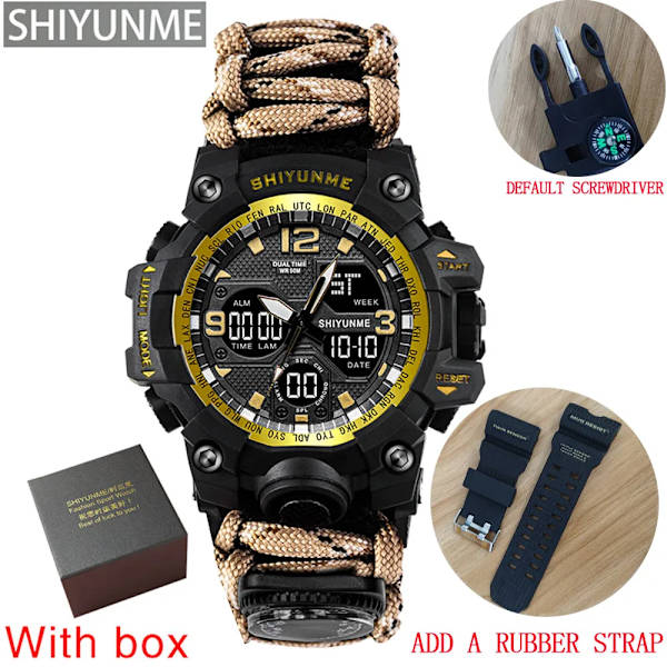 Utomhus Survival Military Watch Vattentät Multifunktionell Survival Kit Militär Taktisk Paracord Watch Compass Watch Gold with box strap