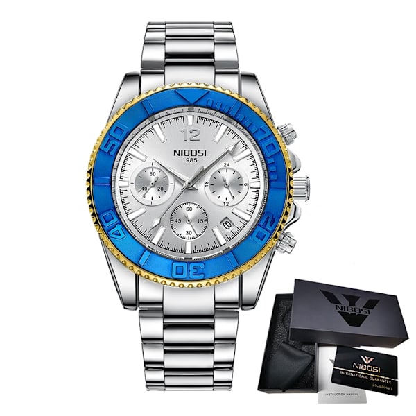 NIBOSI Casual Sport Herrklockor Chronograph Stainless Diver Watch Armbandsur Big Dial Quartz Clock Luminous Relogio Masculino E