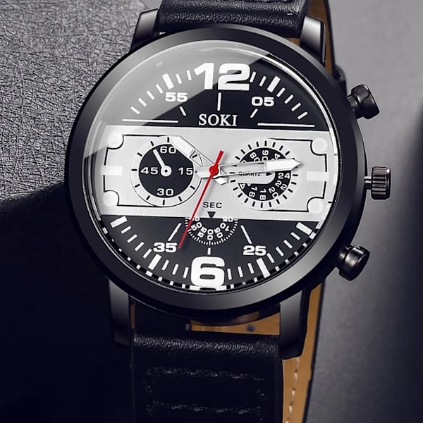 Man Fashionabla personlighet rund watch svart läder kvarts watch orange