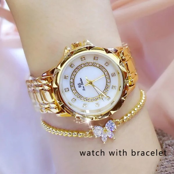 Damklockor Guld Lyxmärke Diamond Quartz Damarmbandsur Rostfritt stål Klocka Watch relogio feminino 2022 1506-gold bracelet