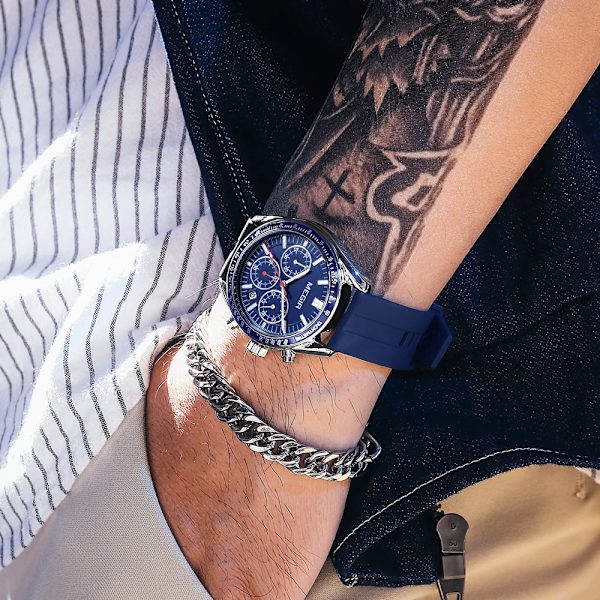 MEGIR Chronograph Quartz klockor för män Militär sport Vattentät herrarmbandsur med silikonrem Auto Date Lysande händer Blue