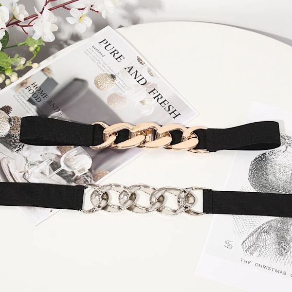 Elastiskt Kvinnor Bälte Punk Mode Kvinnor Elastiska Bälten Guld Silver Metall Kedja Midjerem För Klänning Rock Kostym Dekorativt midjeband red Style2 Elastic