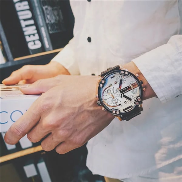Nya Big Dial Klockor Herr Svart Brunt Läderband Hip-hop Military Army Quartz Armbandsur Manklocka Hodinky Relogio Masculino Brown Leather White