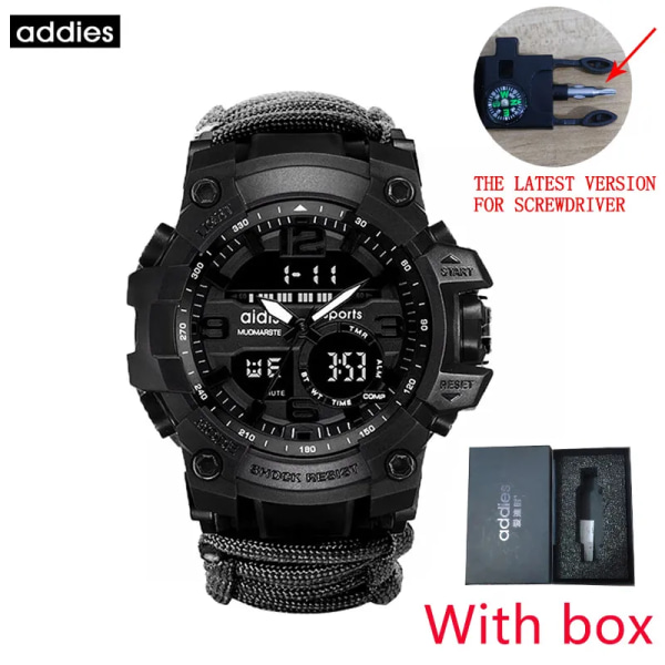 ADDIES Herr Militärsport Digitala klockor Kompass Outdoor Survival Multifunktion Vattentät Watch Relogio Masculino black  with box