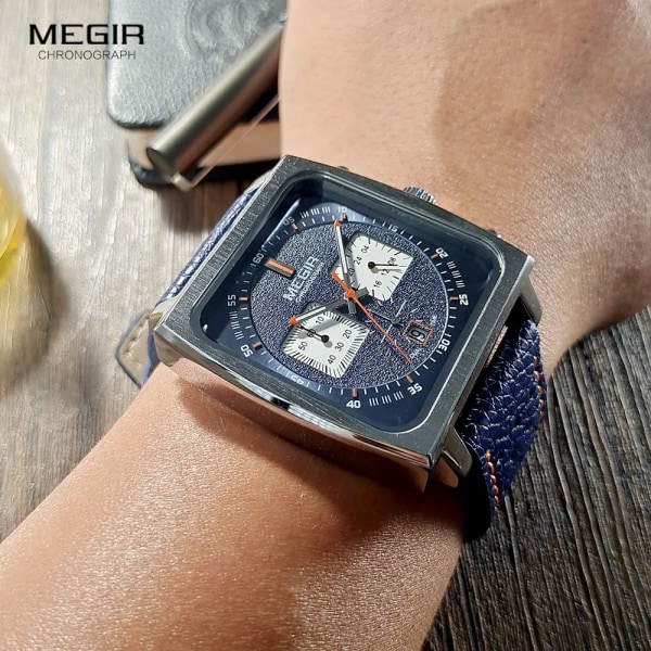 MEGIR Blue Square Dial Watch för män Casual Sport Läderrem Chronograph Quartz Armbandsur med datum 24-timmars 3atm Vattentät Silver Black