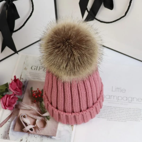 Ny Pom Pom-hatt - Trendig vinterhatt för flickor och kvinnor - Varma mössor av hög kvalitet Pink Adult