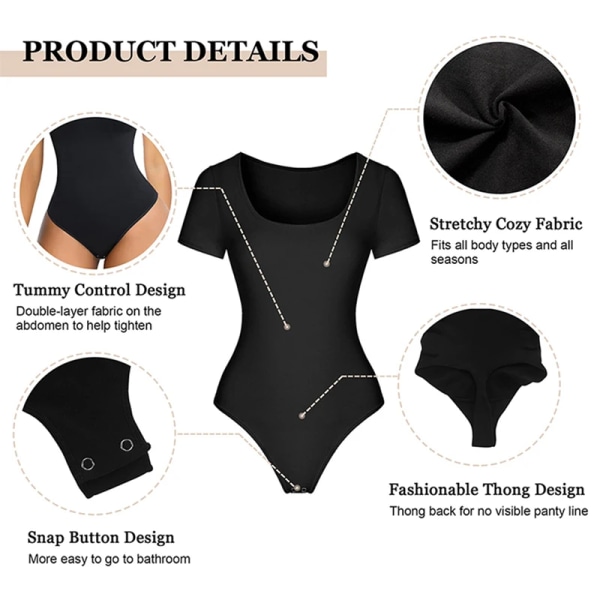 Body för kvinnor Magkontroll Shapewear sömlösa kortärmade stringtrosor med fyrkantig hals Sculpting Klassiska tighta skjortor med gren Black M