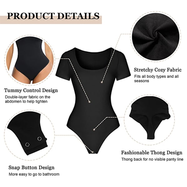 Body för kvinnor Magkontroll Shapewear sömlösa kortärmade stringtrosor med fyrkantig hals Sculpting Klassiska tighta skjortor med gren Black S