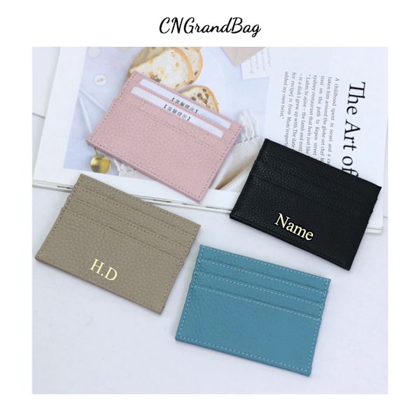Anpassad 100 % koläder Pebble Mönster Kreditkortshållare Smal plånbok Män Kvinnor Plånbok Pocket Card Custom Initial Letters Case dark khaki 0695