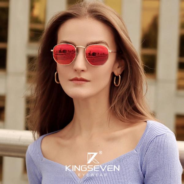 KINGSEVEN 2022 Klassiska reflekterande solglasögon Herr Hexagon Retro Solglasögon Rostfritt stål Glasögon Oculos Gafas De Sol Shades Silver mirror Original