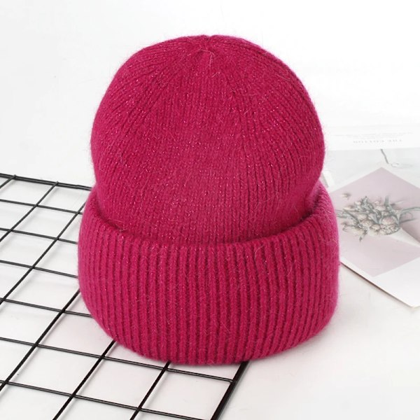 Visrover 9 Färger Unisex Solid Färgade Mössor Vinterhatt För Kvinna Stickad Bonnet Acryl Kvinna Höst Varma Skullies 4-lurex dark fushia