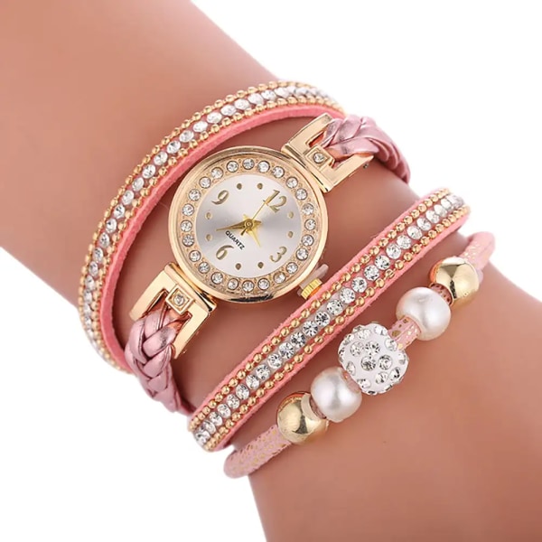 Mode Relogio Armband Klockor Dam Wrap Around Armband Mode Klänning Dam Dam Watch Relojes Mujer Klocka för present Pink