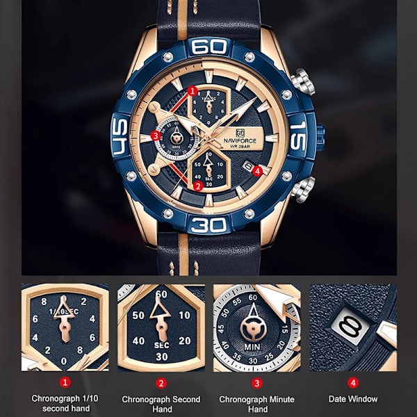 NAVIFORCE Sportklockor för män Lyxmärke Militär Vattentät Watch i äkta läder Man Klocka Kronograf Watch RGBEBE