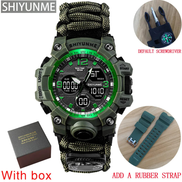 Utomhus Survival Military Watch Vattentät Multifunktionell Survival Kit Militär Taktisk Paracord Watch Compass Watch Green with box strap