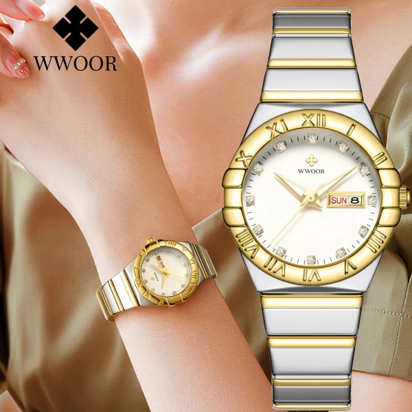 WWOOR Mujer New Fashion White Diamond Watch Toppmärke Lyxarmbandsur Enkel Watch Liten watch Relogio Feminino White gold