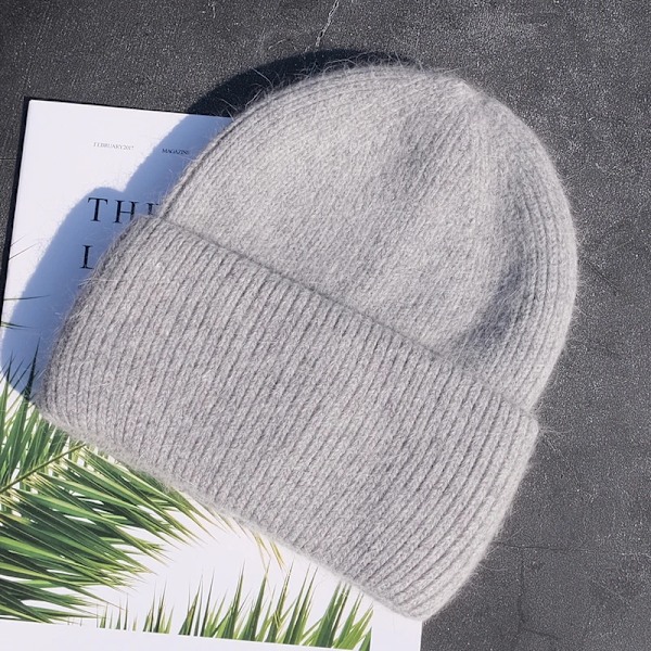 Bästa fluffiga Angora vintermössa för kvinnor Super varm mössa Tjock stickad mössa Mode Light Gray 53-60CM