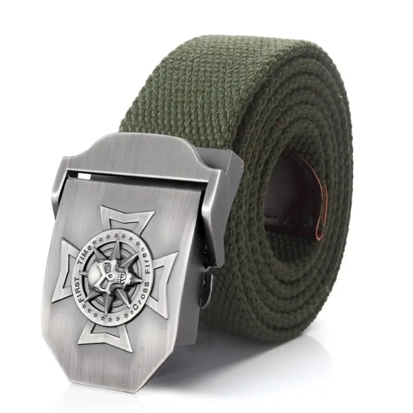 BOKADIAO Herr & Kvinnor Militär Canvas bälte lyxigt midjeband Skalle Cross Metal spänne jeans bälte Army taktiska bälten för manlig rem Green 100cm